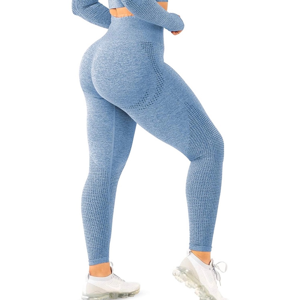 Seamless High Waisted Tummy Control Workout Leggings in Light Blue SZ L